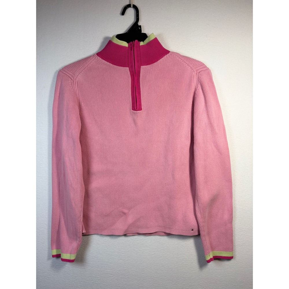 Tommy Hilfiger Quarter Zip Sweater Womens XL Pink Excellent Ribbed Mock Neck